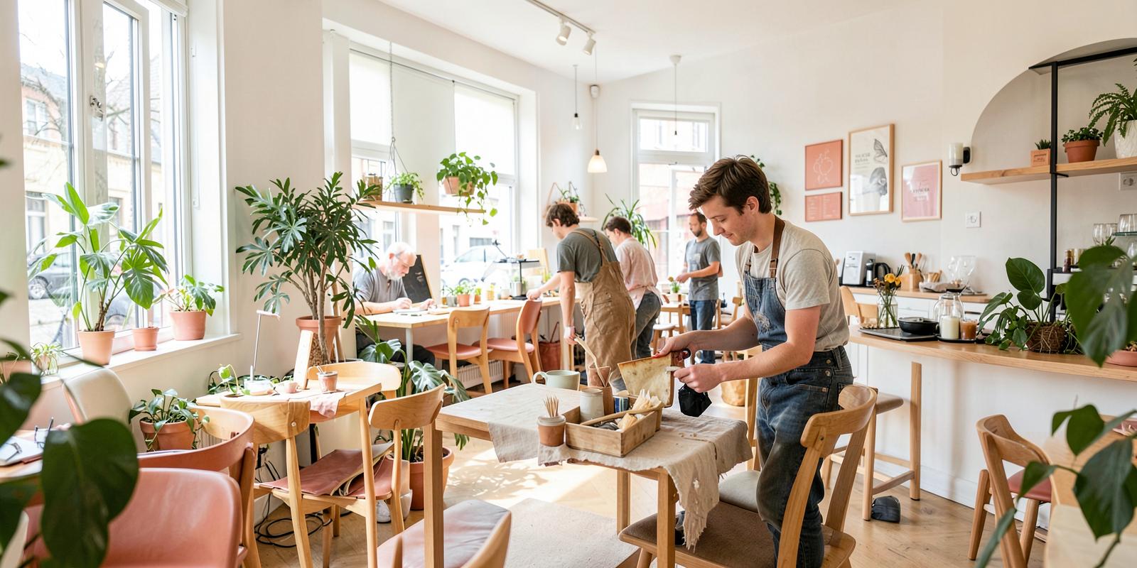 Junger Helfer bereitet ein lokales Café auf die Öffnung vor